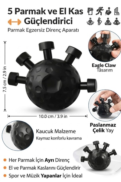 TeknoEser 5 Parmak ve El Kas Güçlendirici Top - Kaymaz Kauçuk Masaj Özellikli...