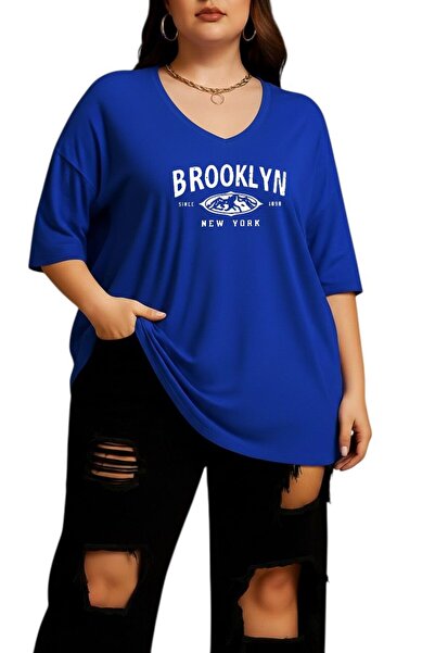 DM DOLCE MORE Brooklyn Printed V-Neck Plus Size Oversized T-Shirt 3Cz1