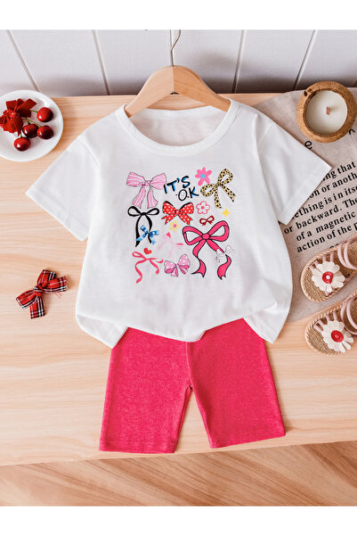 Take Two By Styli Girls Bow Print T-Shirt and Shorts Pyjama Set