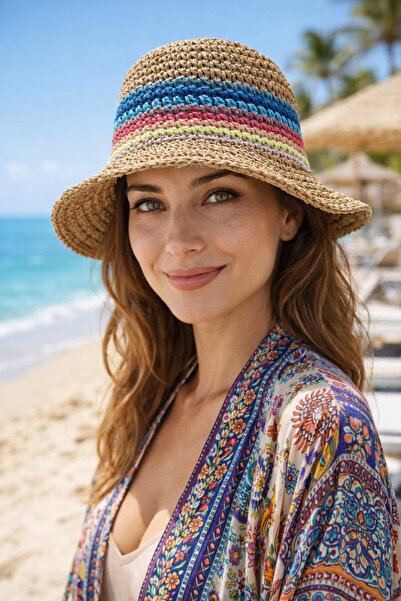 BALIENTE Γυναικείο καπέλο τύπου bucket, πλεκτό στο χέρι, με ρίγες σε χρώμα κα...