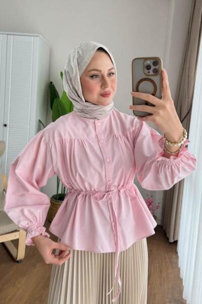 PALMİYE GİYİM Kadın Etek Üstü Beli Tüneli Gömlek-Açık Pembe