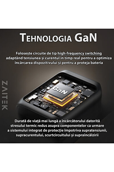 ZAITEK Incarcator 45W GaN USB-C Super Fast Charging, protocoale SFC 2.0/PD 3.0/QC 3.0/AFC/PPS, negru