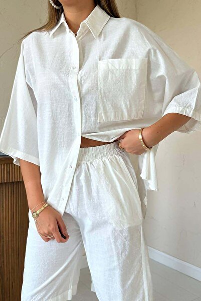 Caddebostan Moda Γυναικείο κοντομάνικο λινό υφαντό 100% βαμβακερό πουκάμισο κ...