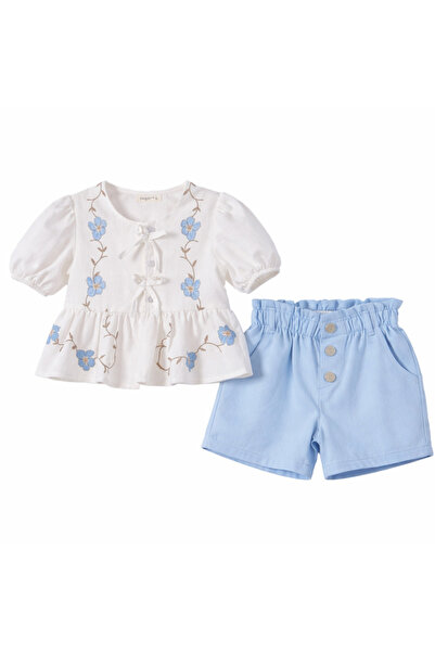 KÜÇÜK TERZİ Girl's Embroidered Blouse Shorts Set 2-3-4-5 Years Old Summer Sty...