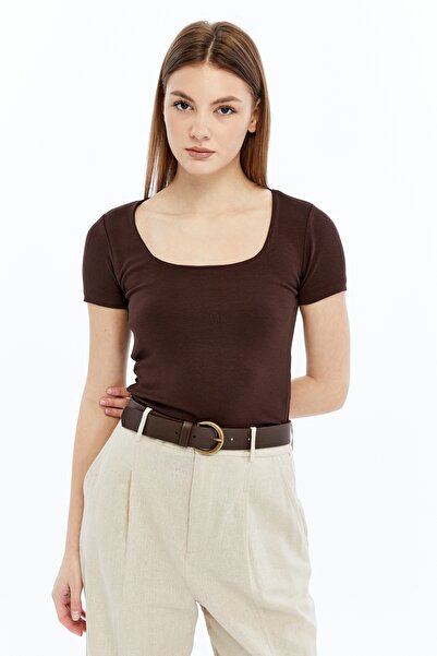 VERANOYA Square Neck Short Sleeve Summer Bodysuit Brown