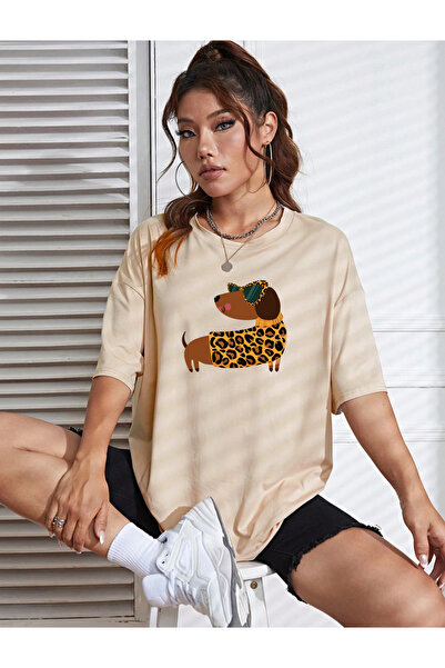 SUNFREE DACHSHUND LONG LEOPARD DOG Μπλουζάκι με στάμπα Oversize με κοντό μανί...