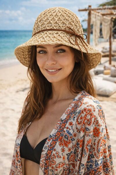 BALIENTE Μπεζ Αξεσουάρ Λεπτομερές Χειροποίητο Πλεκτό Ψάθινο Γυναικείο Καπέλο