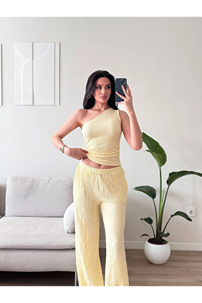 Zoom Butik Tek Omuz Crop & Pantolon Takım - SARI