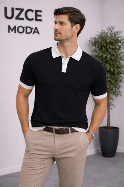 UZÇE MODA Black polo collar half buttoned men's t-shirt