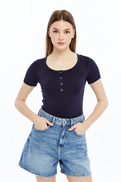 VERANOYA Short Sleeve Bodysuit with Ruffle Detail Navy Blue