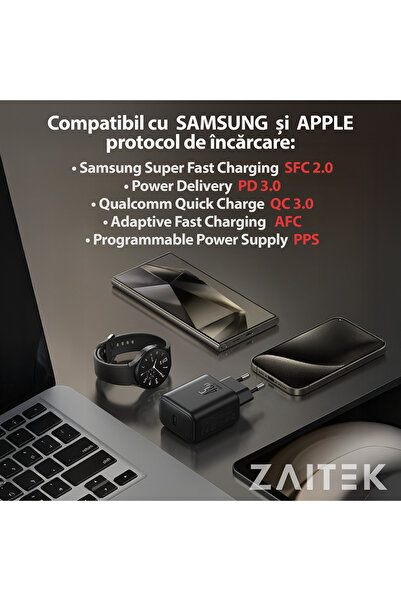 ZAITEK Incarcator 45W GaN USB-C Super Fast Charging, protocoale SFC 2.0/PD 3.0/QC 3.0/AFC/PPS, negru