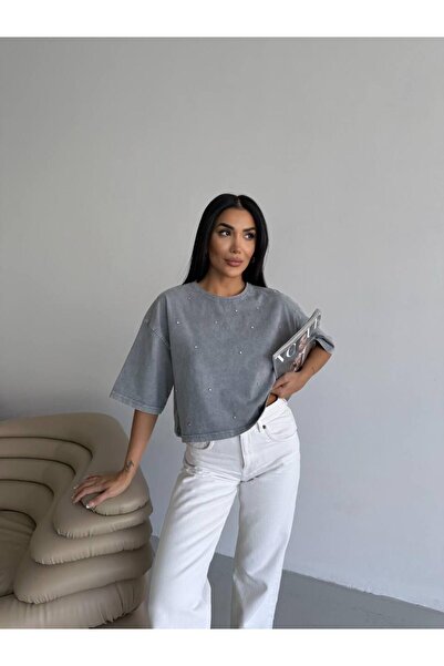 Butik TAŞ DETAY YIKAMALI KADIN TSHİRT