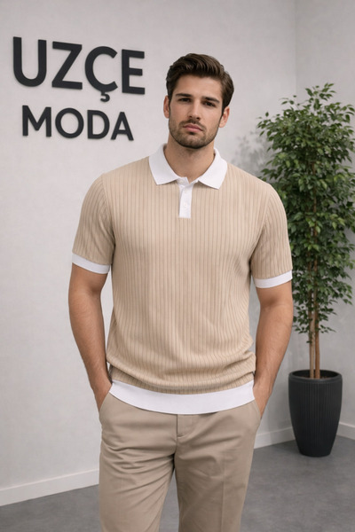 UZÇE MODA Beige Color Polo Collar Half Buttoned Men's T-Shirt