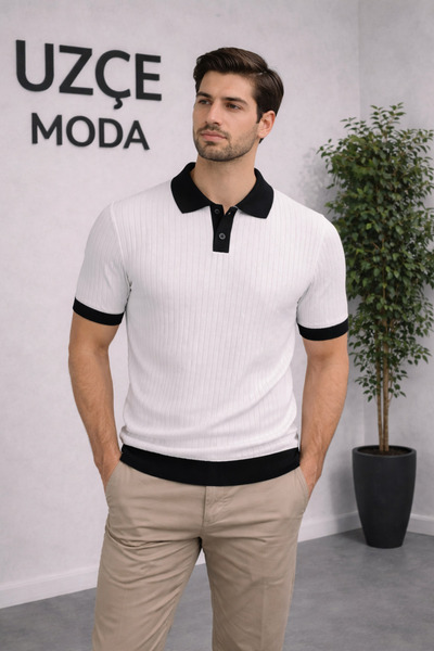 UZÇE MODA White Color Polo Collar Half Buttoned Men's T-Shirt