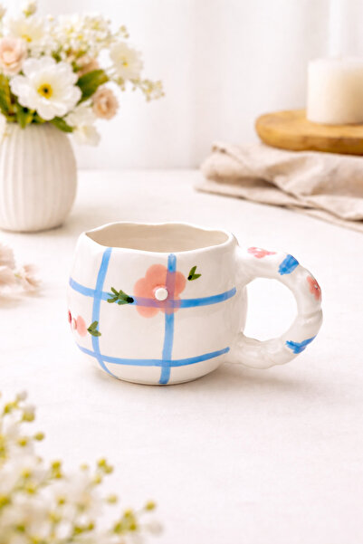Çağ Seramik Pink Daisy Patterned Handmade Ceramic Mug – Coffee Cup with Handle
