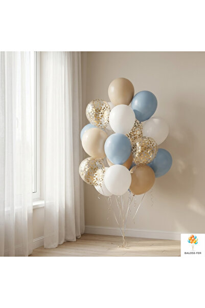 baloss fer Bej Mavi Beyaz Gold Konfeti Balon Seti 20’li Şeffaf Balon Parti Sü...