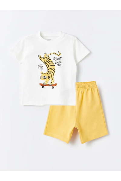 LC Waikiki Lcw Kids White Crew Neck Printed Baby Boy T-Shirt and Shorts 2-Pie...