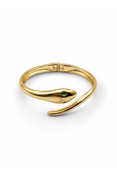 neslyaccessories Yeşil Gözlü Yılan Form Gold Kelepçe Bileklik