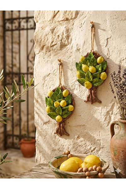 Ahşap Evi 2Li El Yapımı 15x10 cm Seramik Limon Ağacı Duvar Süsü-Dekoratif Hed...