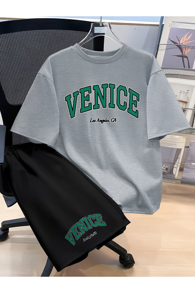 Nivorix طقم مطبوع من VENICE، طقم شورت وتي شيرت