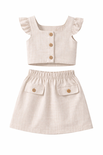 KÜÇÜK TERZİ Girl's Linen Skirt Set 2-3-4-5 Years Old Summer Stylish Comfortab...