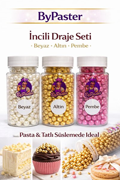 By Paster ByPaster İnci Draje Seti 3’lü 8 mm (Beyaz – Altın – Pembe) Pasta Süsü