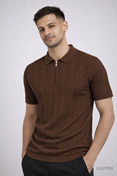 LUVON Brown Polo Collar Half Zipper Men's T-Shirt