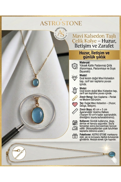astro stone Mavi Kalsedon Taşlı Çelik Kolye – Huzur, İletişim ve Zarafet