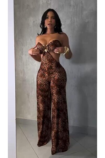 pink life Ολόσωμη φόρμα χωρίς τιράντες με σχέδιο λεοπάρ σαβάνας