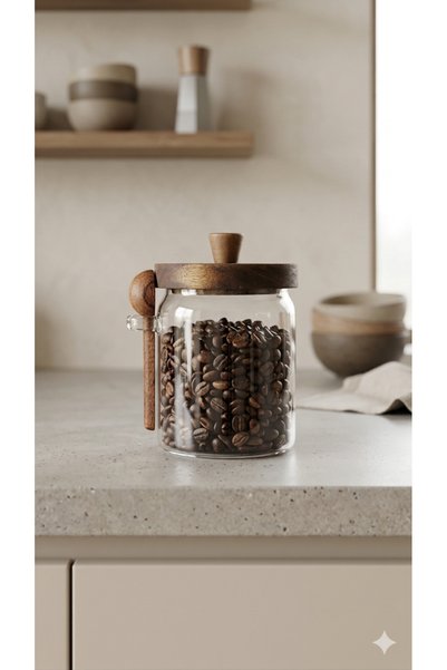Dia Acacia Lid 700 ml 3-Piece Glass Spice Jar Set with Spoon - Vacuum Lid Kitchen Organizer