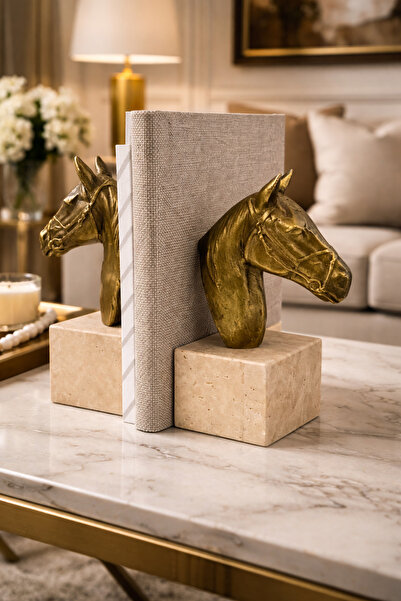 DMR HOME Lüks Altın At Başı Kitap Tutucu – Traverten Taş Dekoratif Bookend – ...
