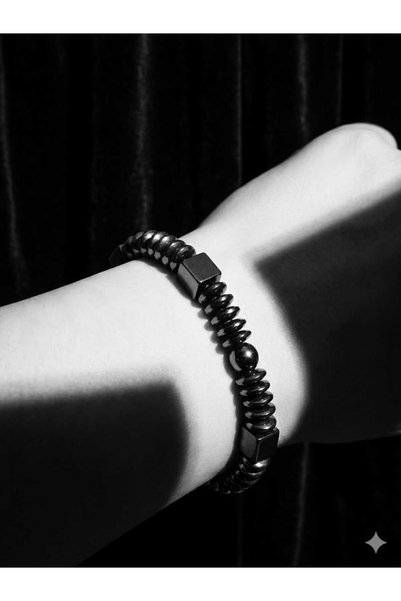 güleçdoğaltaş Güleç Natural Stone Hematite Natural Stone Bracelet - Cube, Round and Disc Cut Special Design - 18 cm