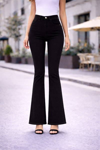 TRUEJNS Γυναικεία μαύρα τζιν Mona με ψηλόμεσο λάκαρντ στράπλες πόδια, ισπανικ...