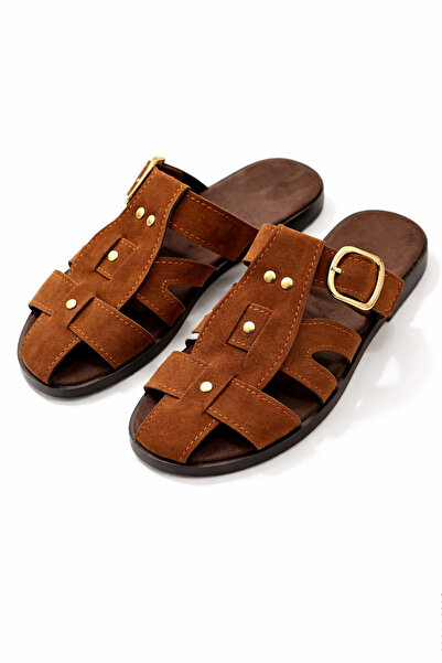 FootFrenzy Γυναικείες παντόφλες Loren Taba Suede με χρυσή ζώνη και λεπτομερή ...