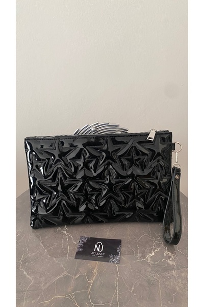 Nubags Yıldız Desenli Rugan Siyah Portföy & Clutch Çanta Çıkarılabilir Bilekl...