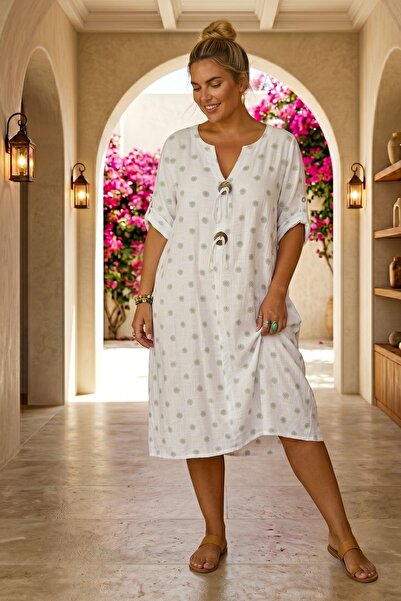 Chiccy Ιταλικό λευκό φόρεμα με γιακά, κοντό μανίκι, με κουμπιά, casual λινό υ...