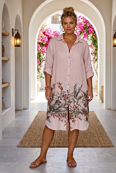 Chiccy Ιταλικό πουκάμισο σε χρώμα σολομού με κουμπιά στο γιακά, μανίκια 3/4, ...