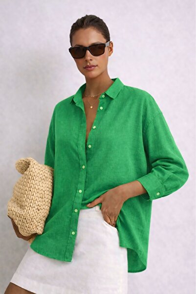 The Cotton Women's Green Linen Low Sleeve Loose Fit Shirt