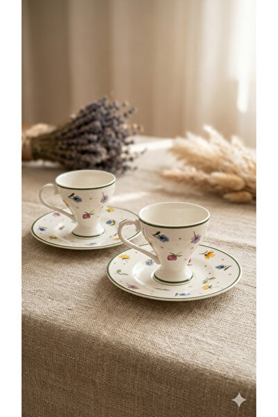 Dia 2 Kişilik Porselen Türk Kahvesi Fincan Takımı - Çiçek Desenli Hediyelik Ç...