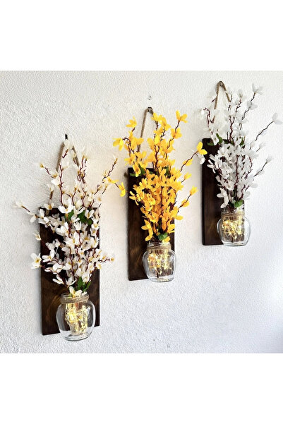STDEKOR Led Işıklı, Beyaz ve Sarı Sakura Çiçekli Duvar Dekoru ÜÇLÜ Set, Ceviz