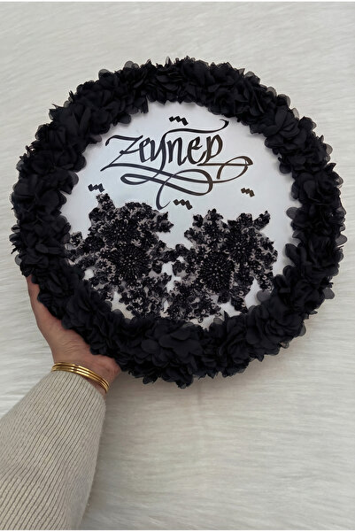 ZEYMERADE Siyah Kaligrafi Gelin Tefi 32cm, Vip Güpürlü Ve 3d Çiçek Düğün Kına...
