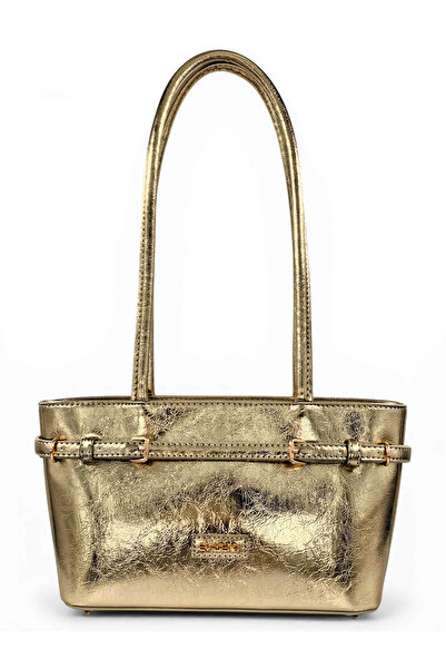 Çanta Trend Γυναικεία τσάντα ώμου με λεπτομέρεια ζώνης σε χρυσό γυαλιστερό χρ...