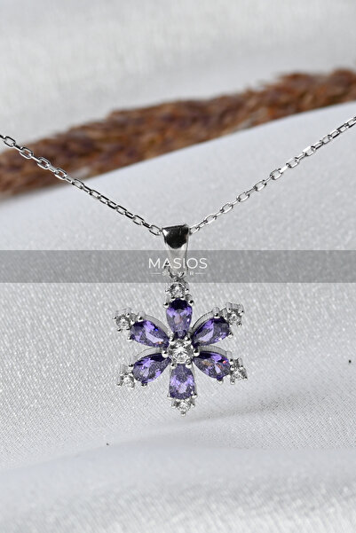 Masios Silver 925 Ayar Gümüş Ametist Taşlı Lotus Çiçek Model Zirkon Detaylı K...