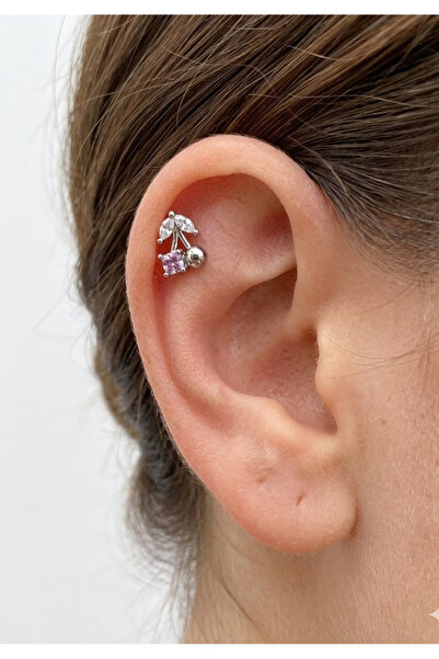 kurukafagift Pembe Taşlı Kiraz Piercing Çelik Helix Tragus 8 mm