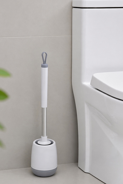 Destpak White Silicone Toilet Bowl and Wc Brush - Stainless Aluminum Handle - Strong Adhesive for Wall Mounting Without Screws