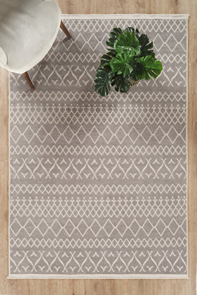 CEYLAN TEKSTİL Modern Şönil Kilim Gri Renk İskandinav Desenli Kaymaz Taban Yı...