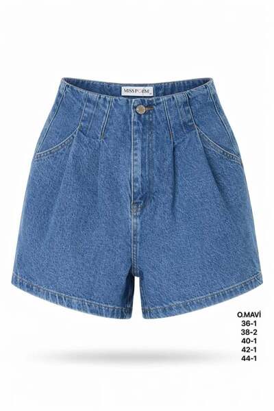 Miss Poem Γυναικείο μεσαίο μπλε ψηλόμεσο τζιν σορτς με πιέτες