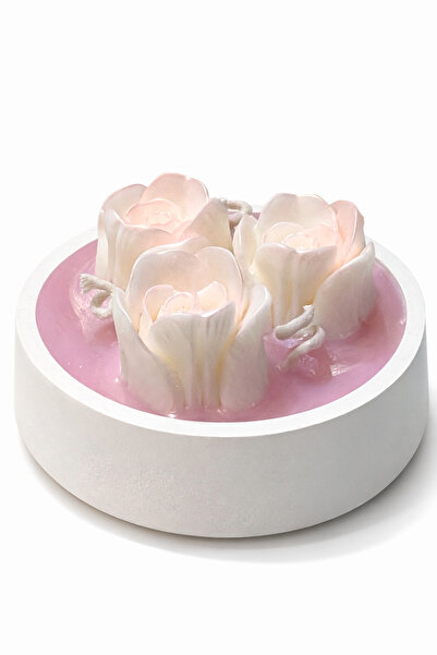 Moods Candle Studio El Yapımı Gül Mum Dekoratif Beton Tabanlı Pembe Beyaz Şık...