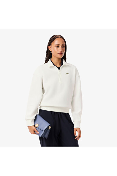 Lacoste Kadın Relaxed Fit Yarım Fermuarlı Beyaz Sweatshirt