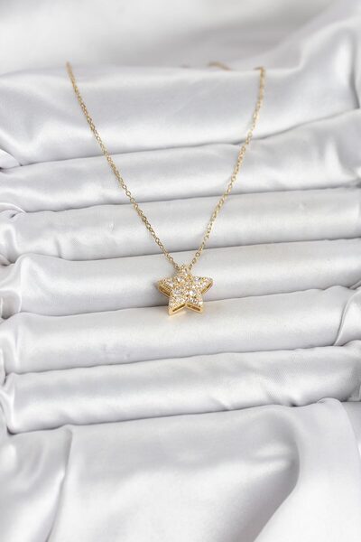 ForWhat Zircon Star Style Women's Necklace with Golden Steel Chain for Elegan...
